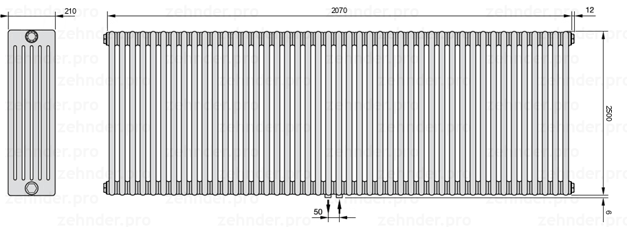Схема (чертеж) Радиатор Zehnder Charleston 6250/45 №5410 Белый глянцевый RAL 9016